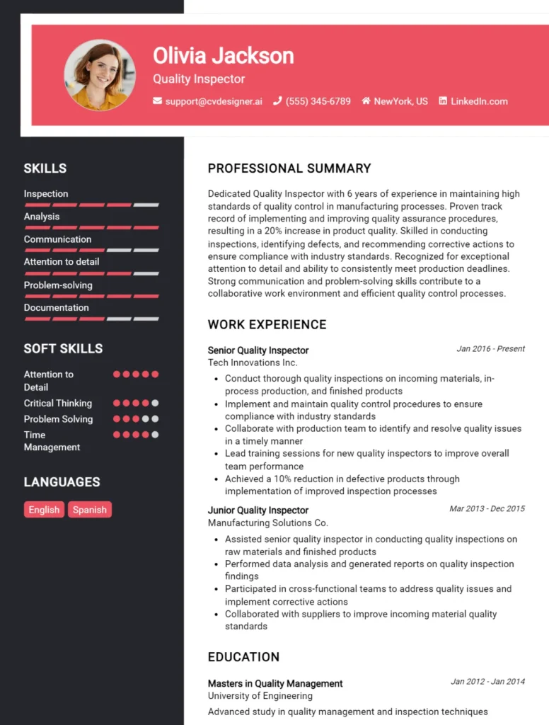Quality Inspector CV Example (1)