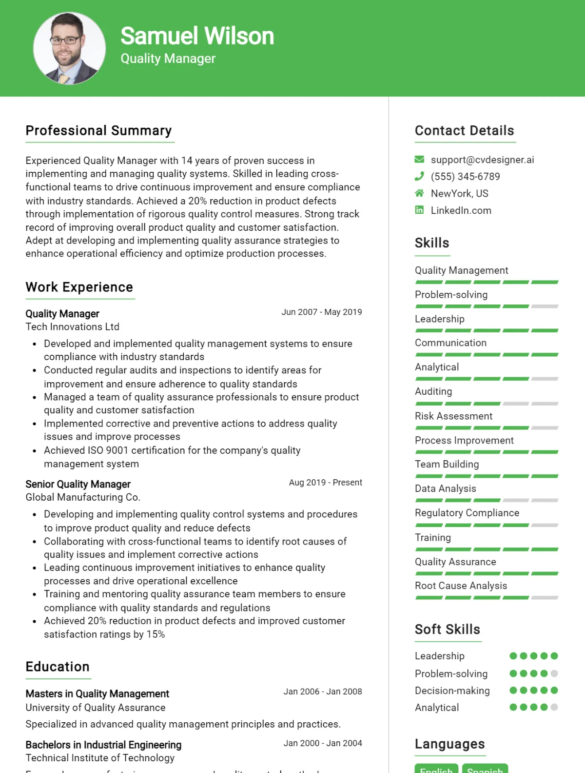 Quality Manager CV Example