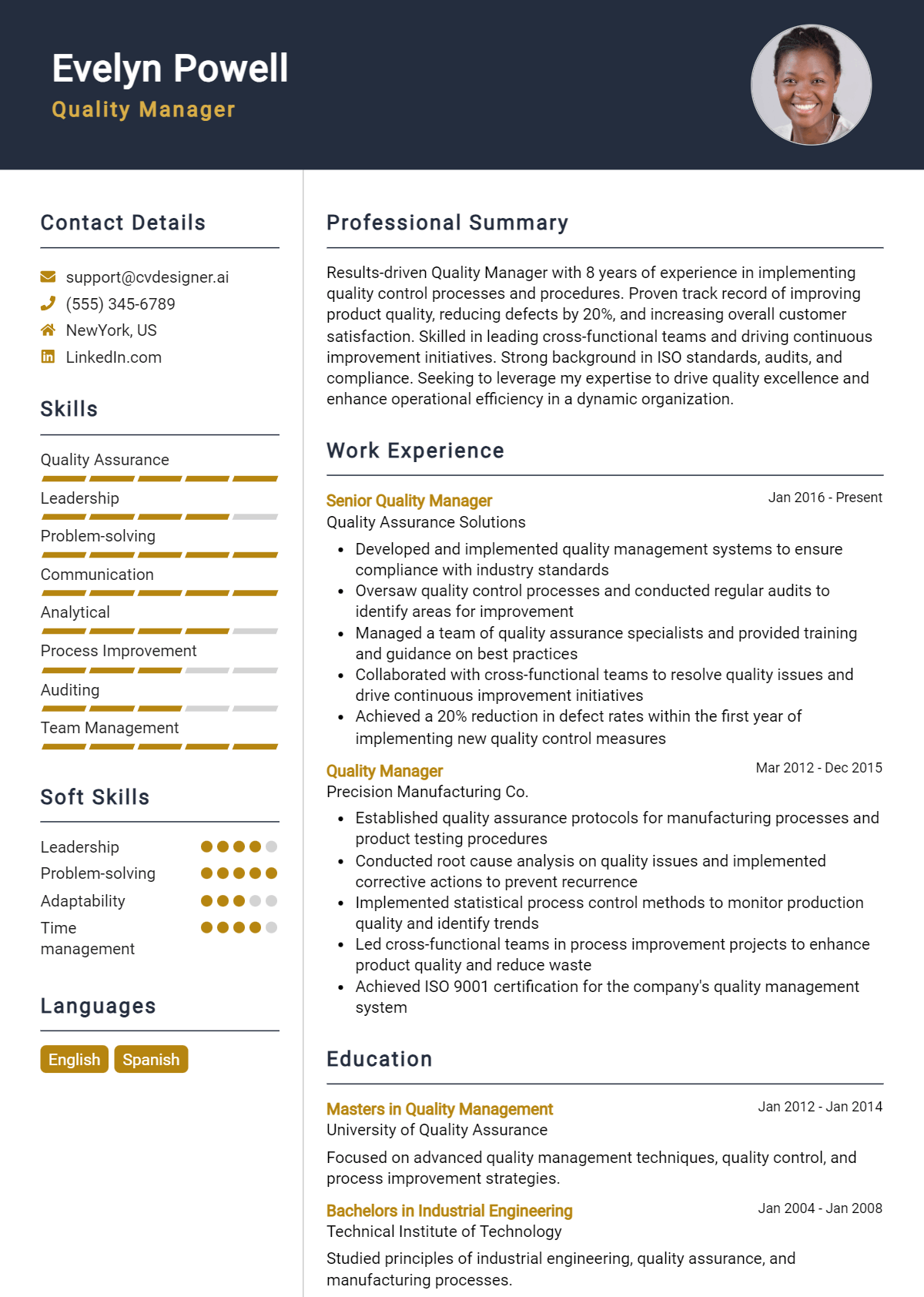 Quality Manager Resume Example