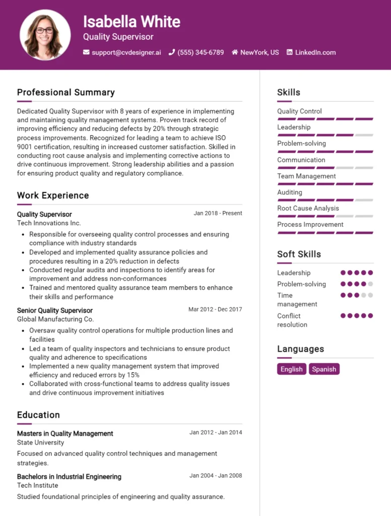 Quality Supervisor CV Example