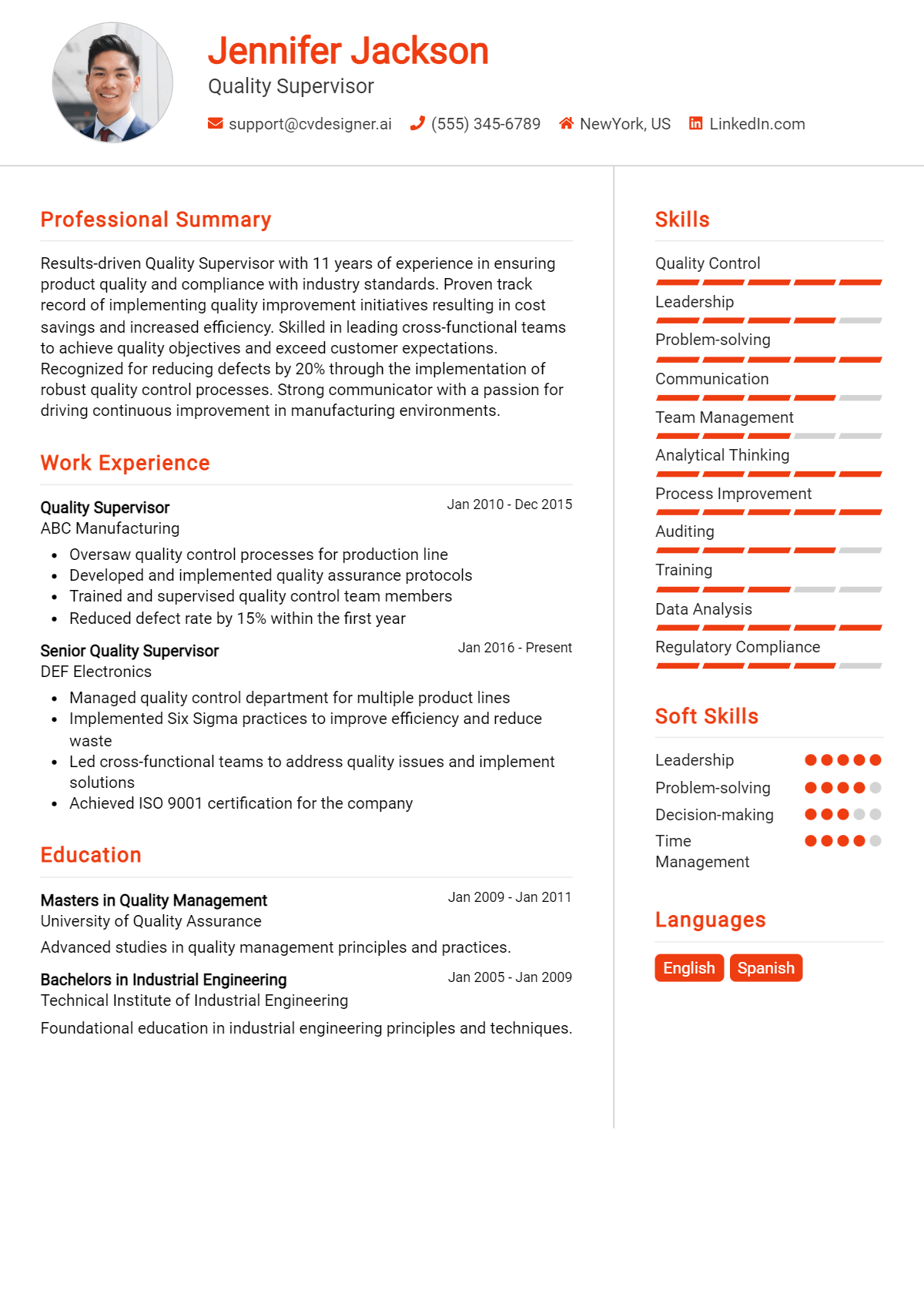 Quality Supervisor Resume Example