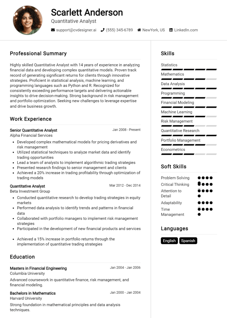 Quantitative Analyst Resume Example