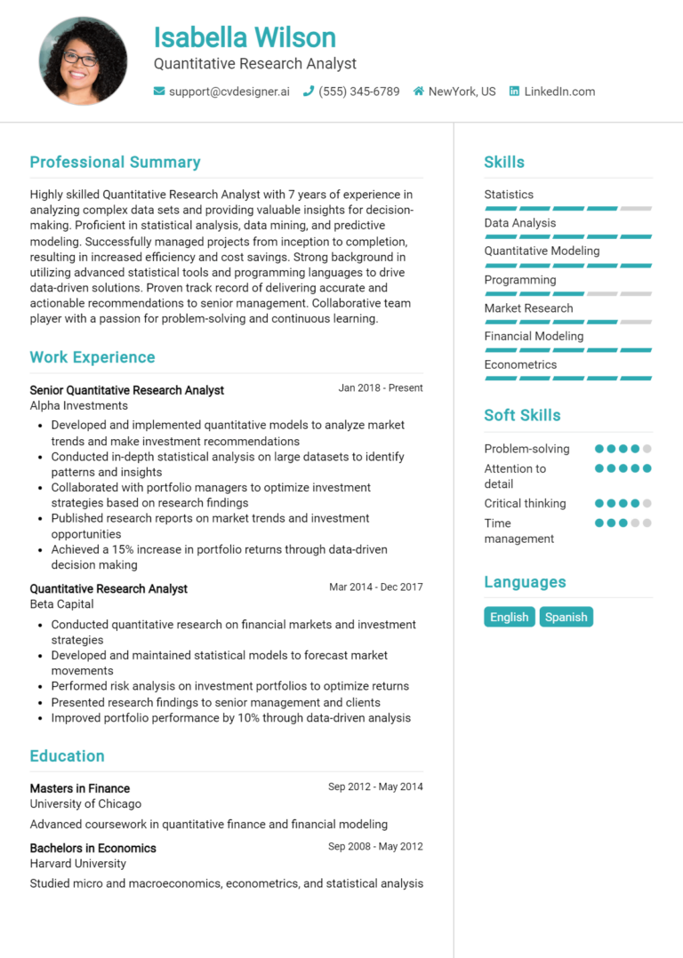 Quantitative Research Analyst Resume Example for 2025: Free Guide