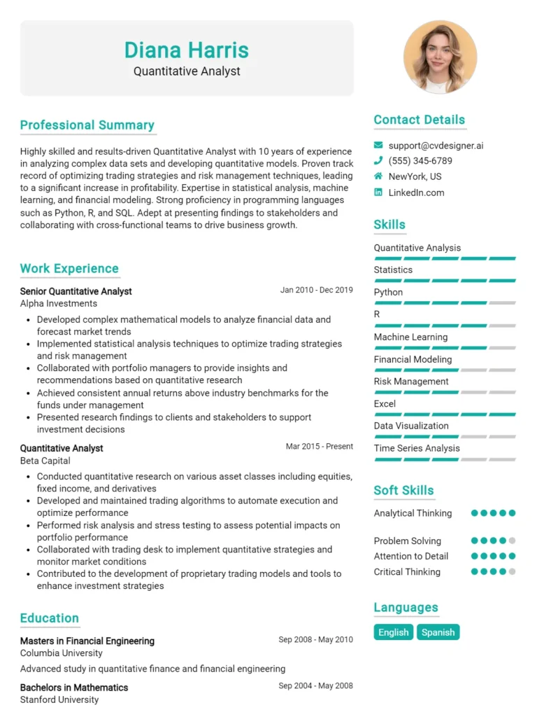 Quantitative Analyst CV Example For 2025: How to Create a Professional CV