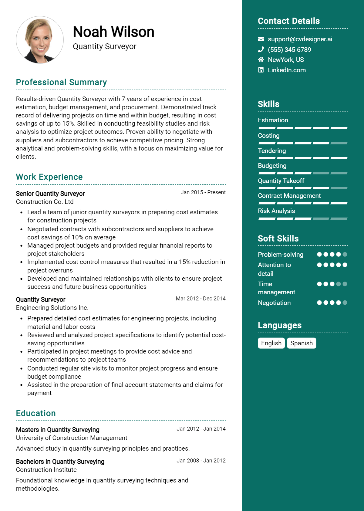 Quantity Surveyor Resume Example