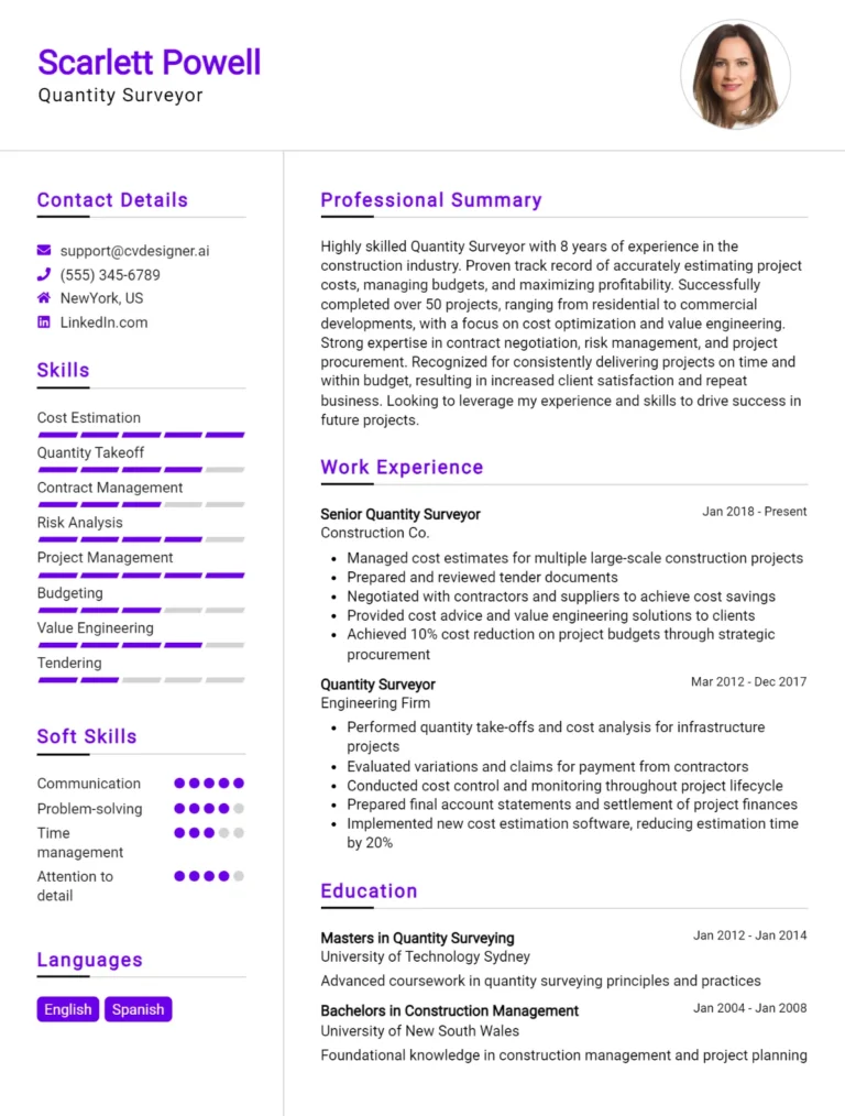 Quantity Surveyor CV Example For 2025: Samples & Best Practices