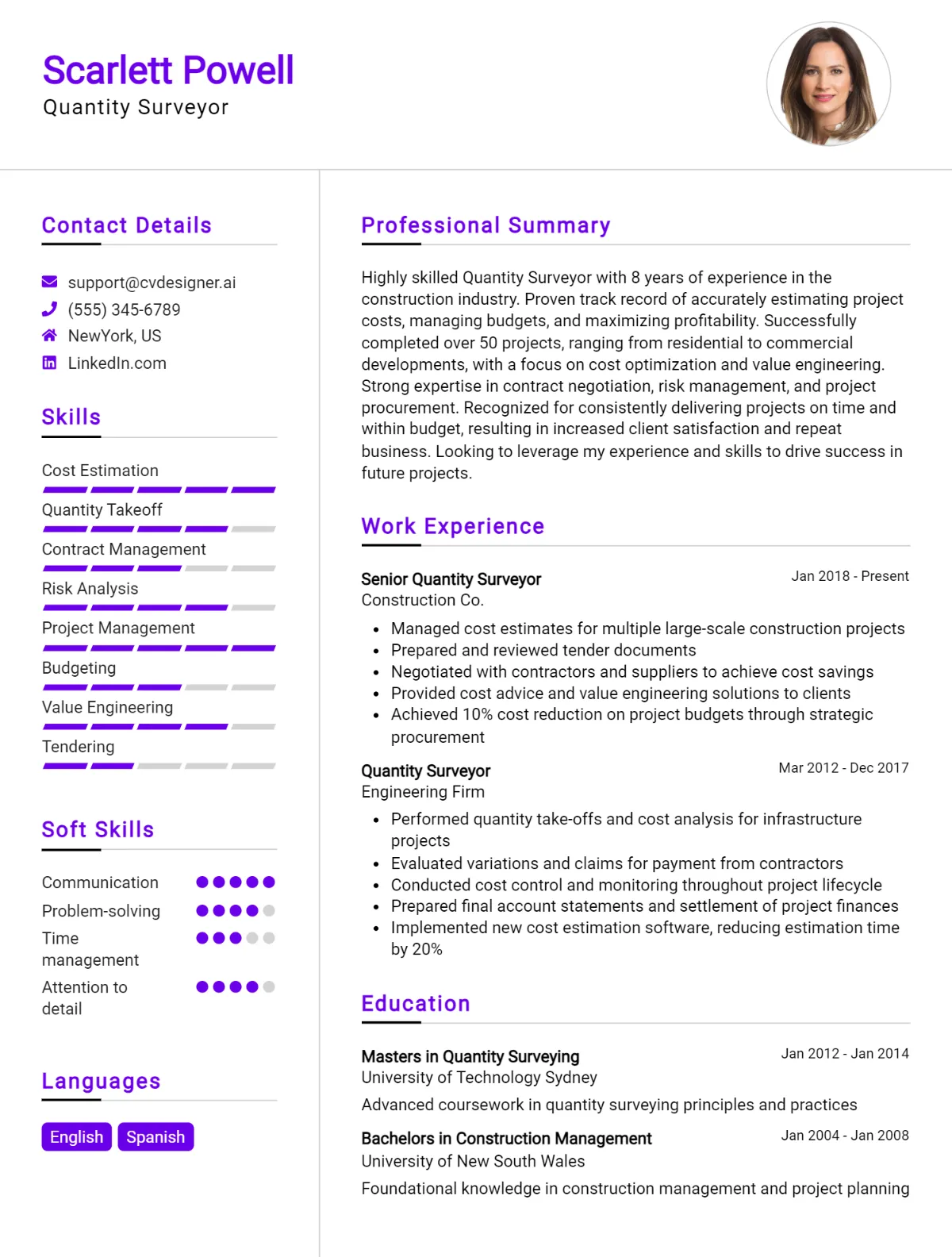 Quantity Surveyor CV Example