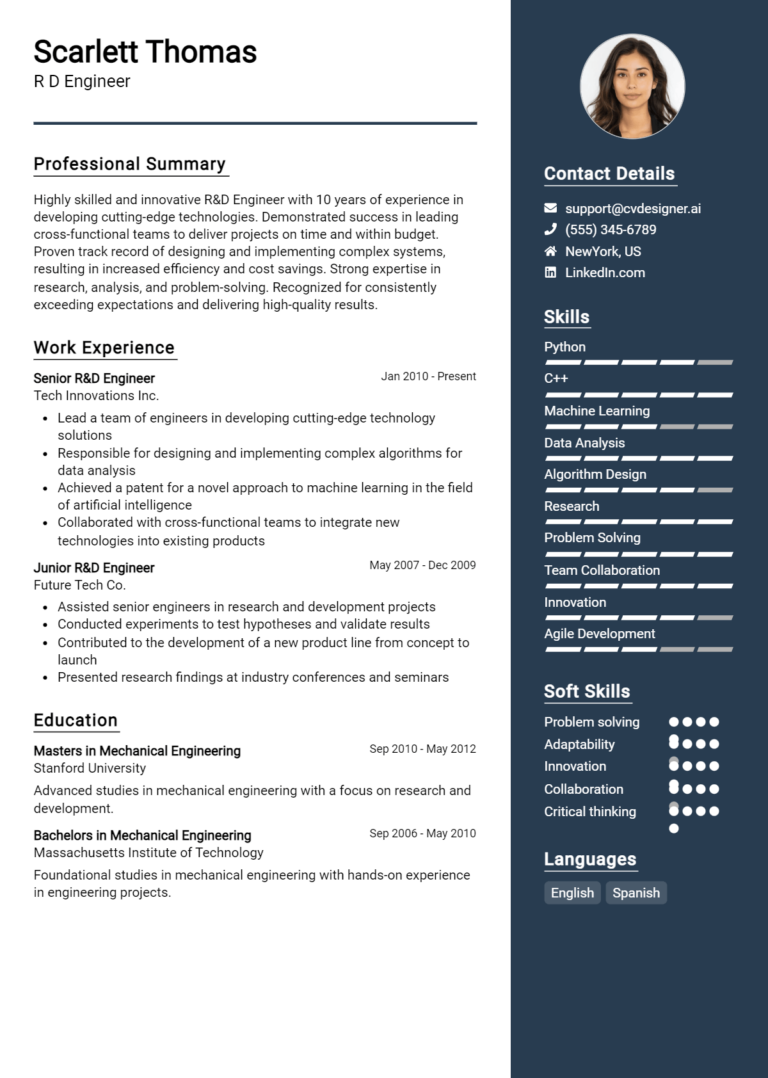 R&D Engineer Resume Example for 2025: Effective CV Writing Tips