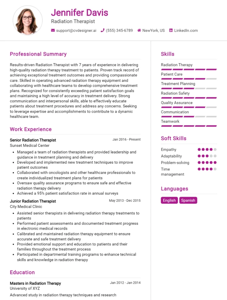 Radiation Therapist CV Example For 2025: Examples & Free Templates
