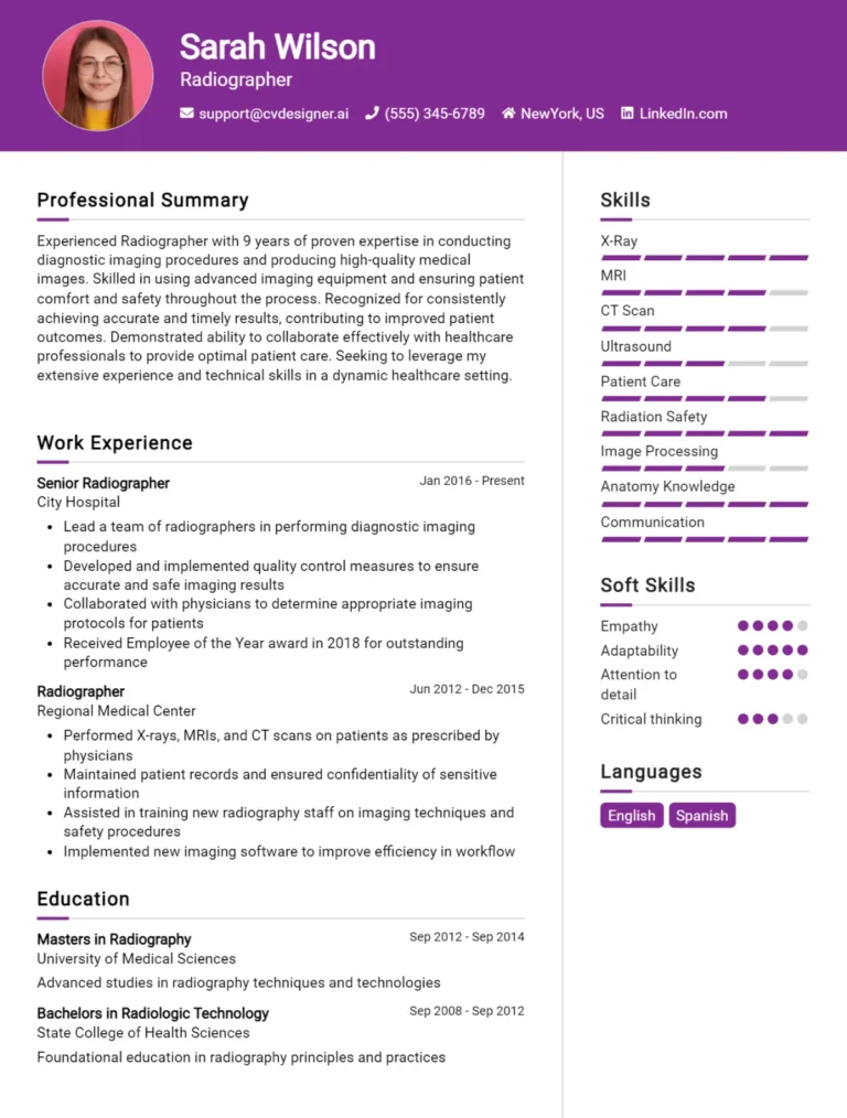 Radiographer CV Example For 2025: Best Writing Guide