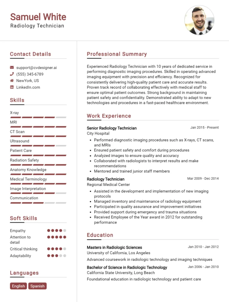 Radiology Technician CV Example For 2025: Examples & Free Templates
