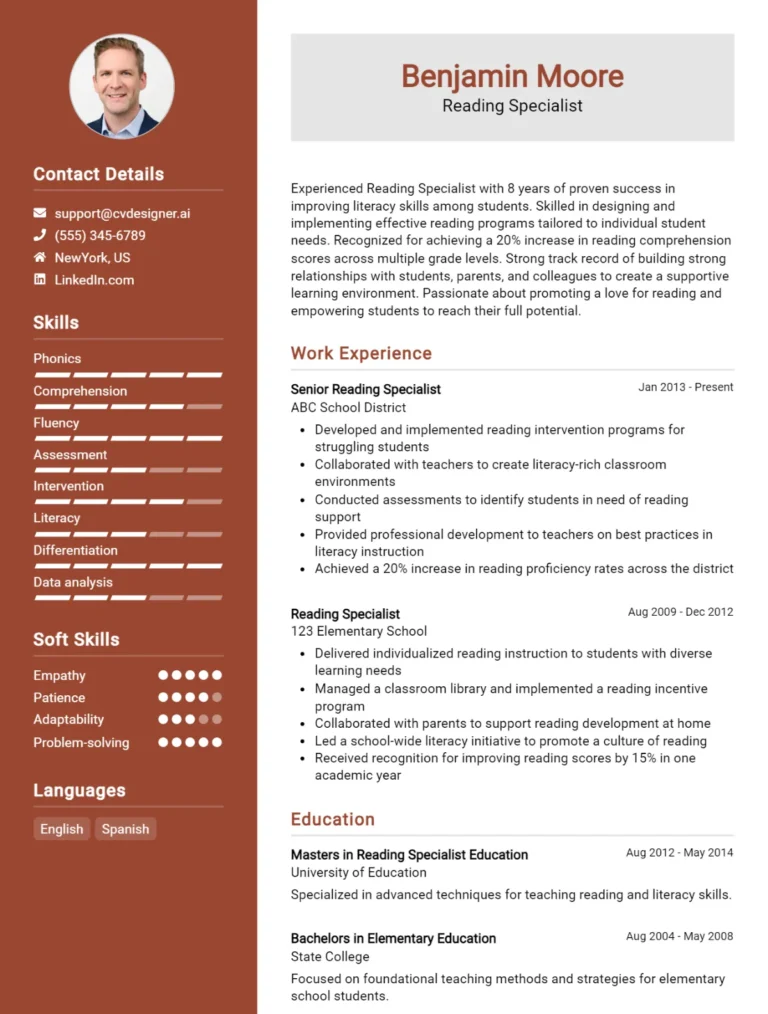 Reading Specialist CV Example For 2025: Free Downloadable Templates