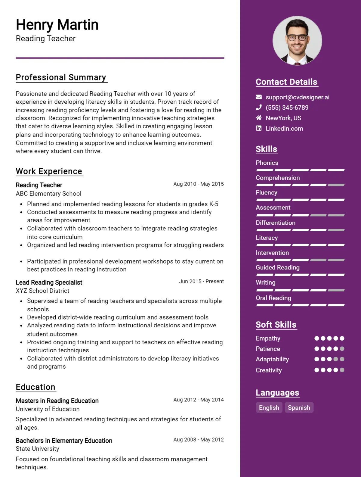 Reading Teacher CV Example