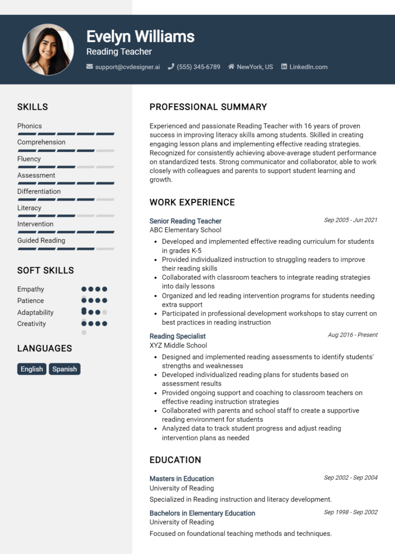 Reading Teacher Resume Example for 2025: Examples & Free Templates