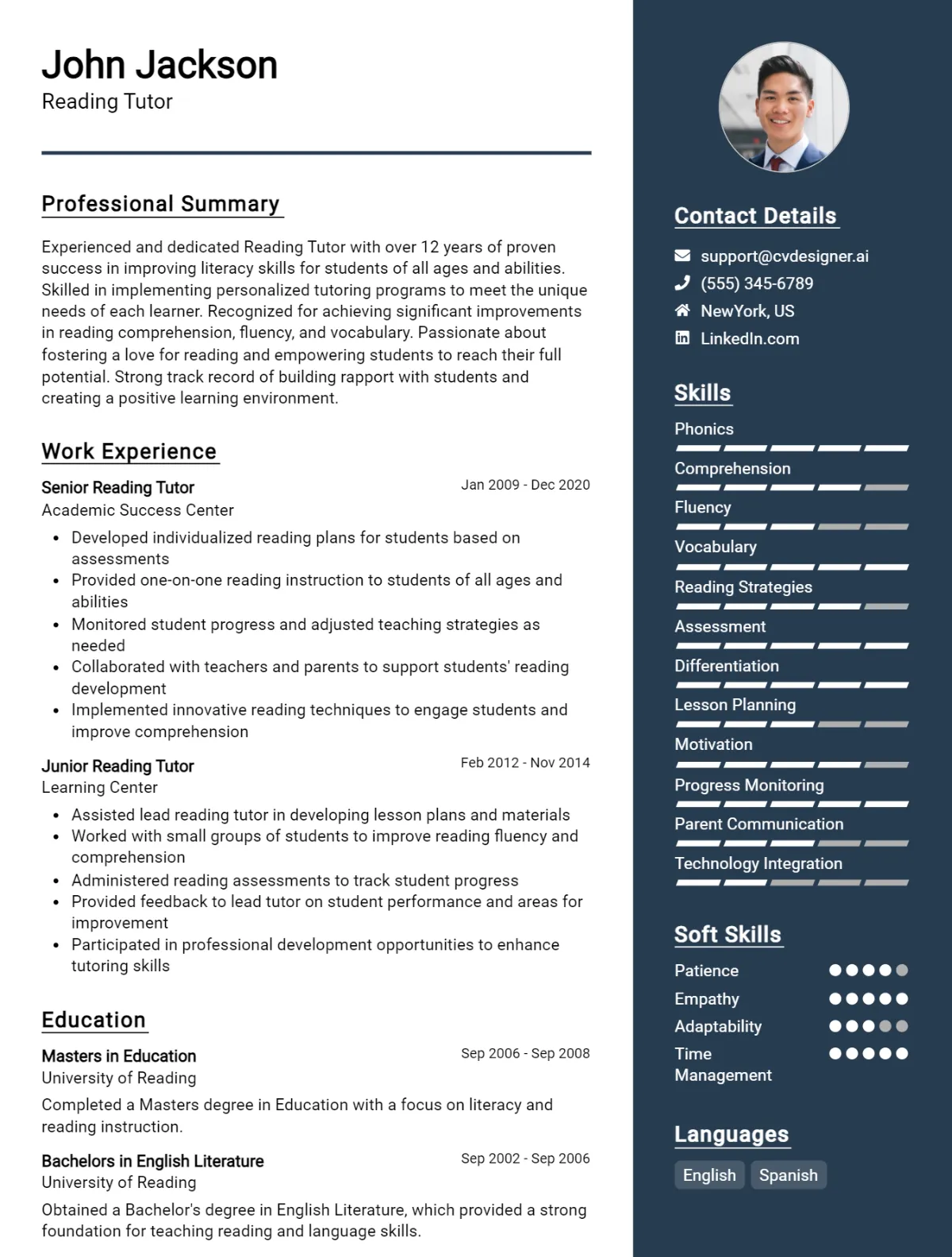 Reading Tutor CV Example
