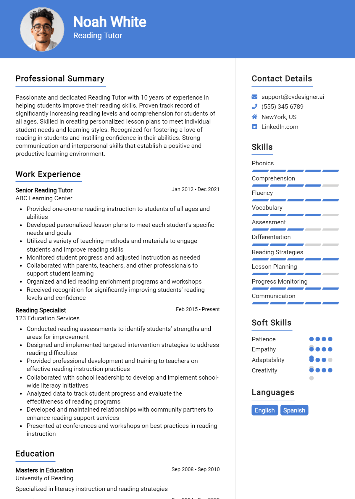 Reading Tutor Resume Example