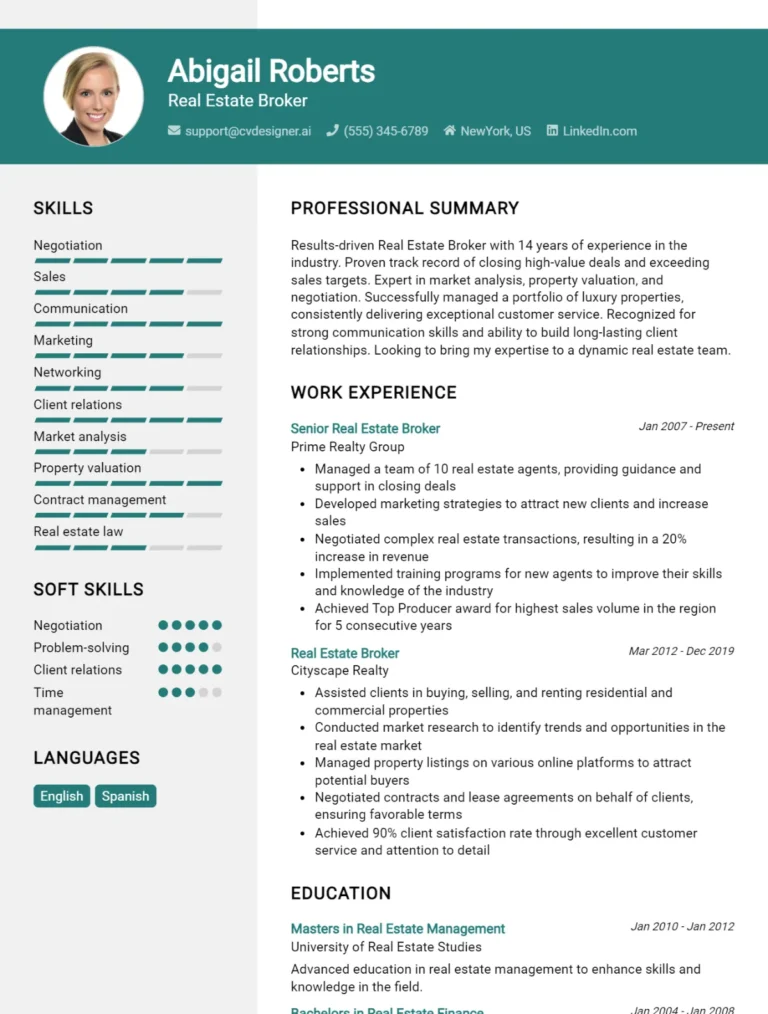 Real Estate Broker CV Example For 2025: Tips & Templates