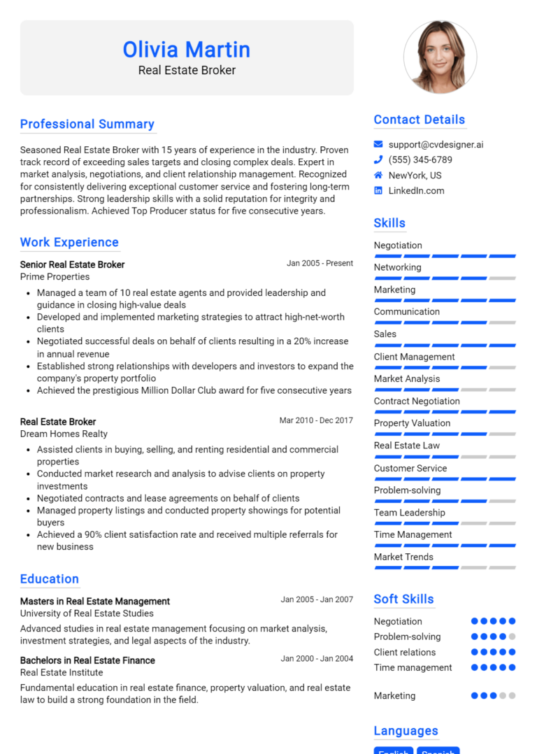 Real Estate Broker Resume Example for 2025: Effective Tips