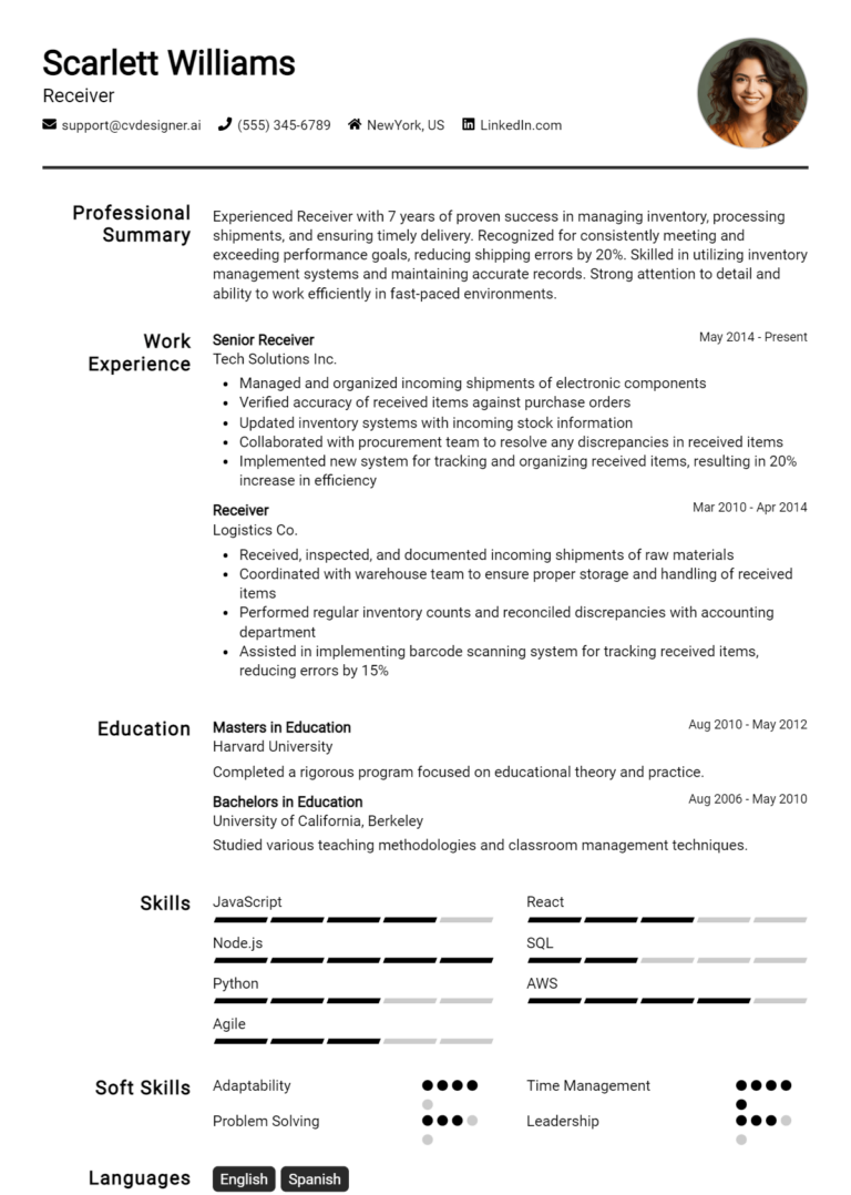 Receiver Resume Example for 2025: Tips to Stand Out 1 Receiver Resume Example for 2025: Tips to Stand Out