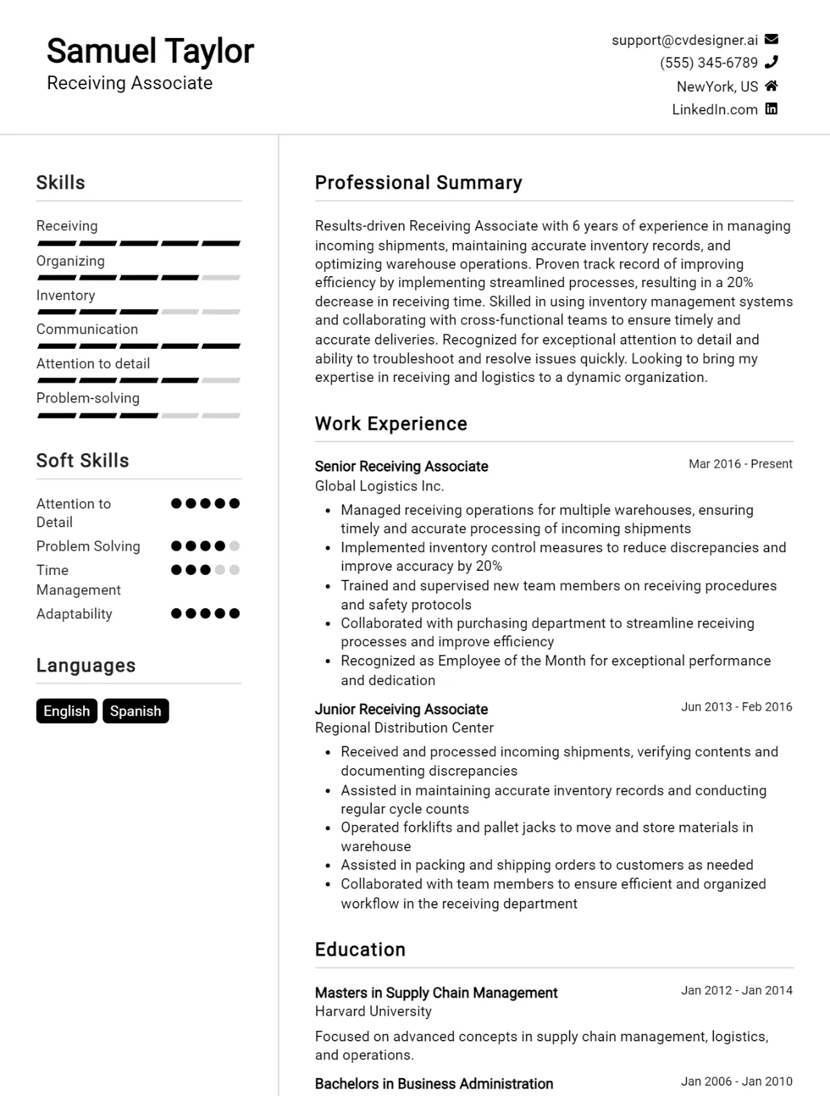 Receiving Associate CV Example