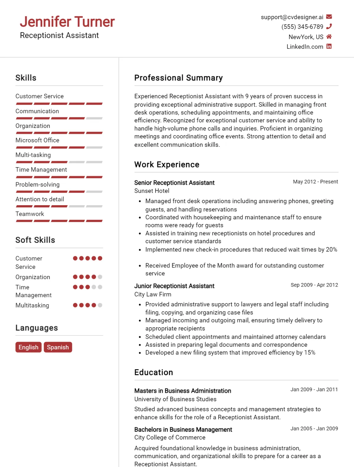 Receptionist Assistant CV Example