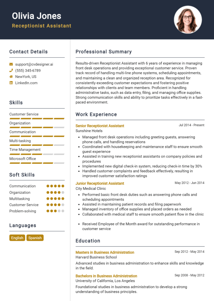Receptionist Assistant Resume Example