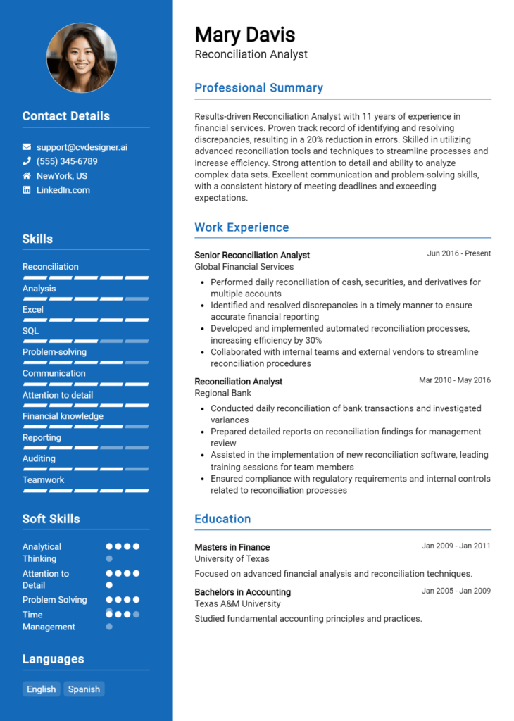 Reconciliation Analyst Resume Example