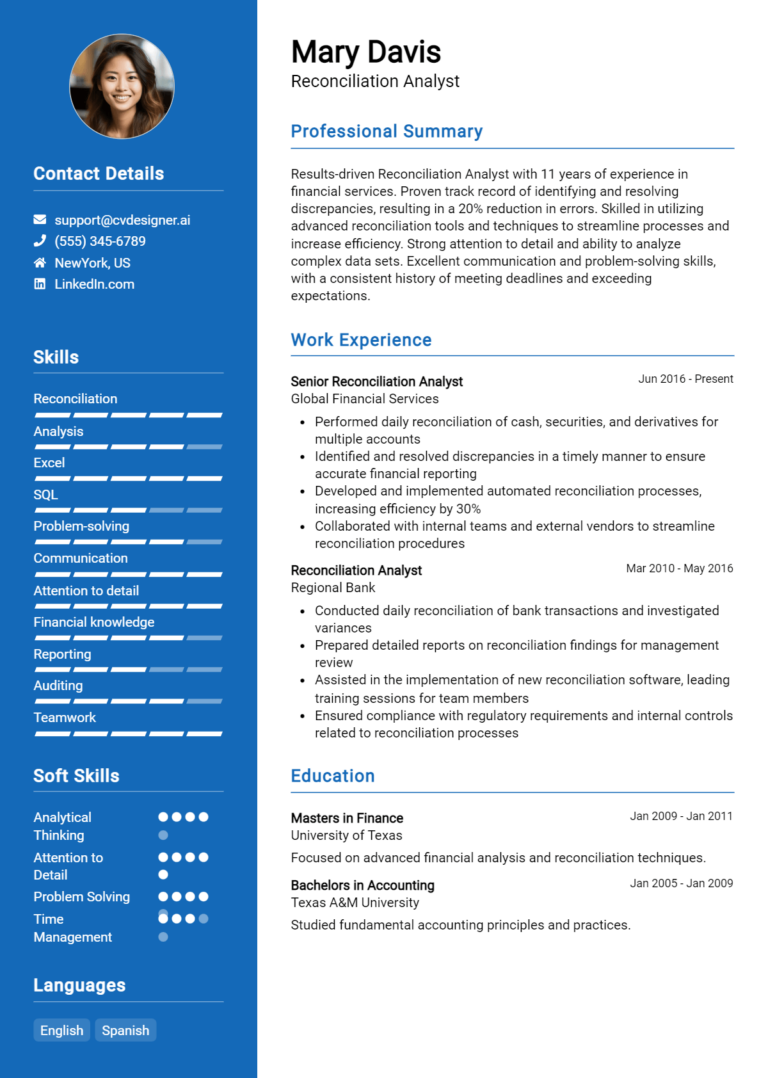 Reconciliation Analyst Resume Example for 2025: Strategies & Templates
