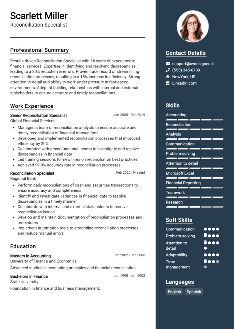 Reconciliation Specialist Resume Example for 2025: Best Tips & Templates