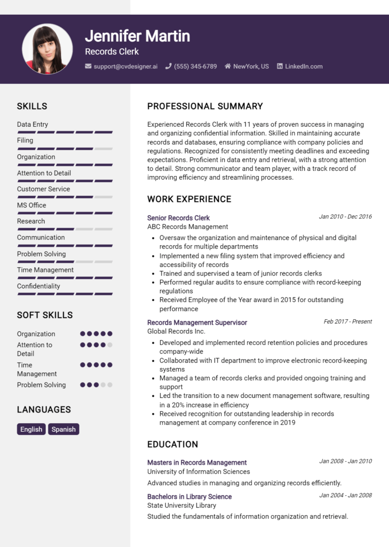 Records Clerk Resume Example for 2025: Ultimate Guide