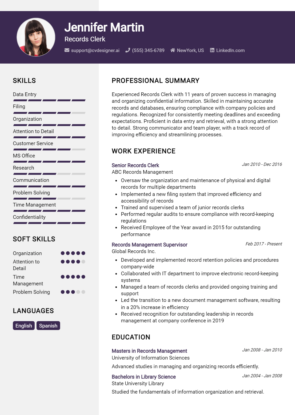 Records Clerk Resume Example