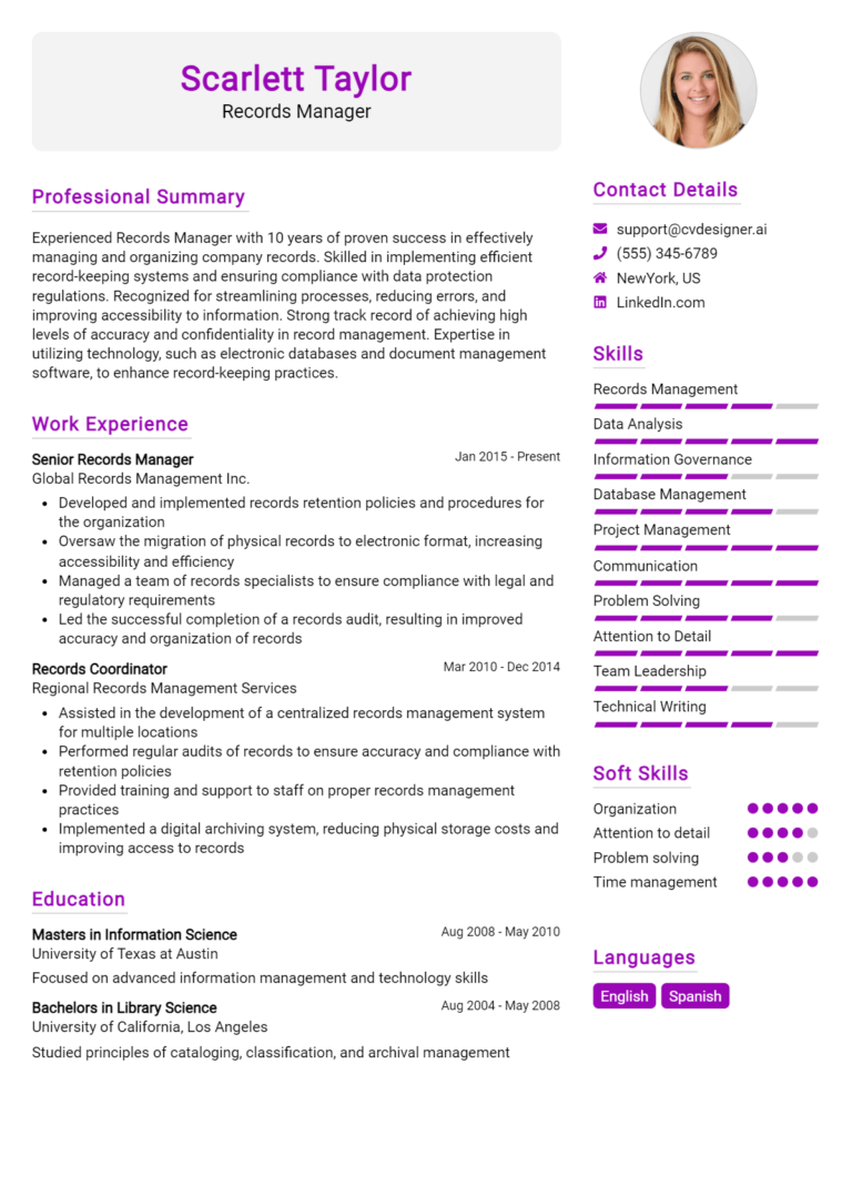 Records Manager Resume Example for 2025: Free Guide