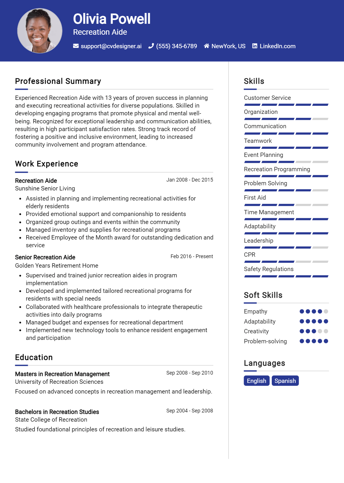 Recreation Aide Resume Example