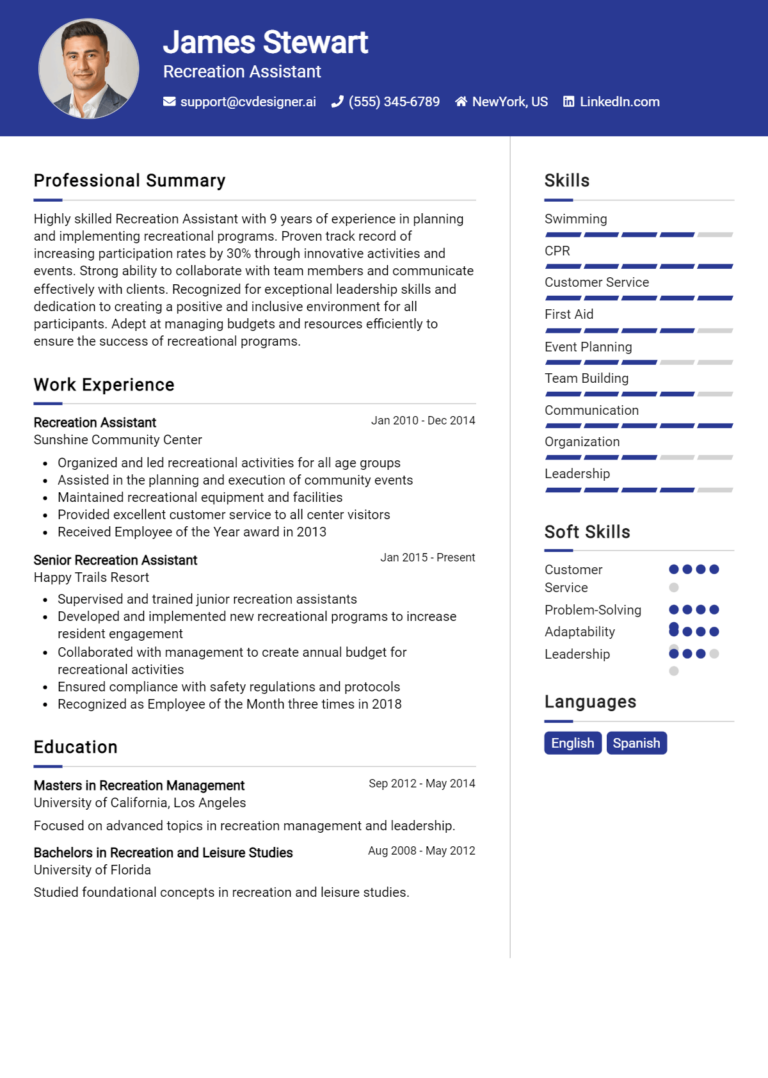 Recreation Assistant Resume Example for 2025: Ultimate Guide 1 Recreation Assistant Resume Example for 2025: Ultimate Guide