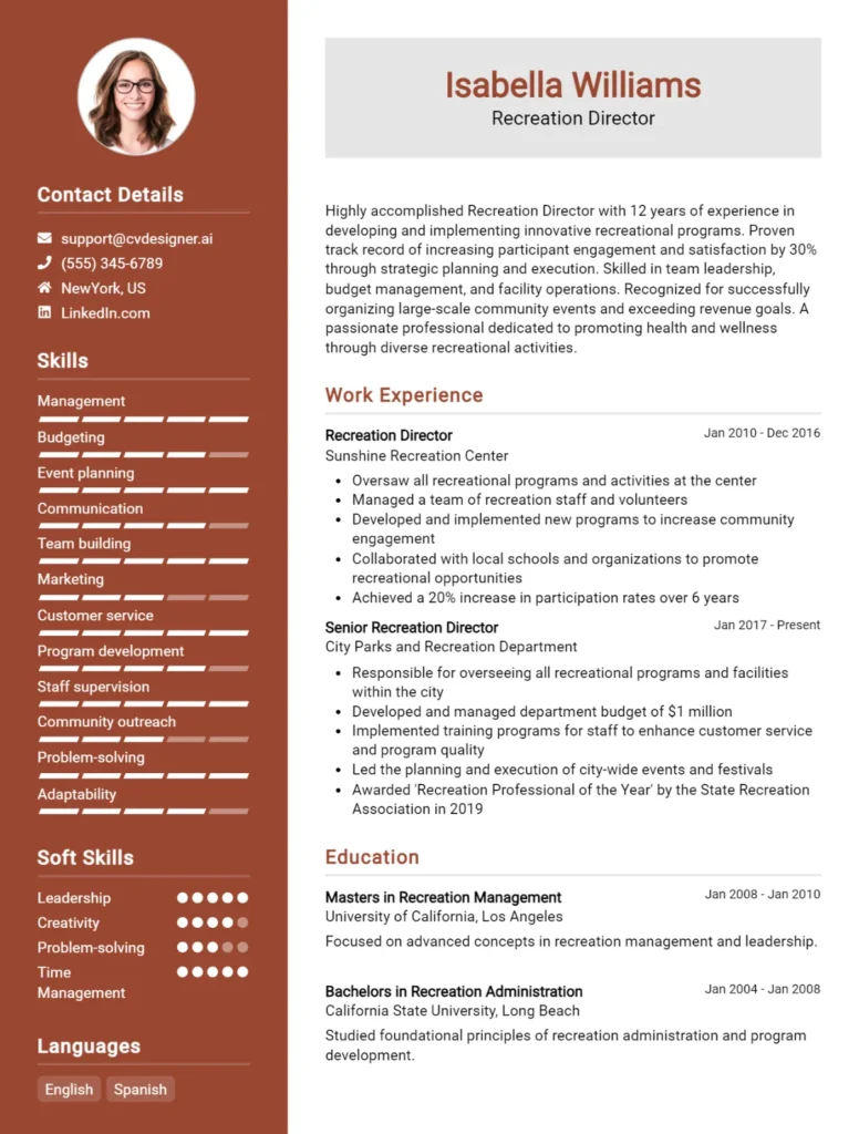 Recreation Director CV Example