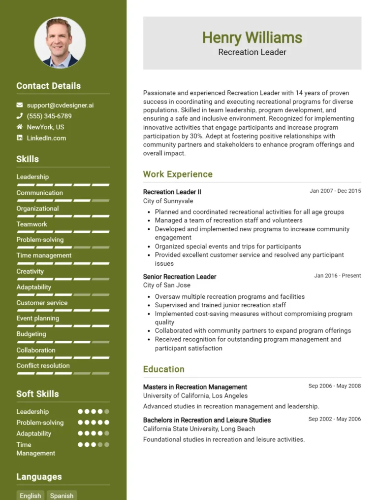 Recreation Leader CV Example For 2025: Expert Tips & Templates