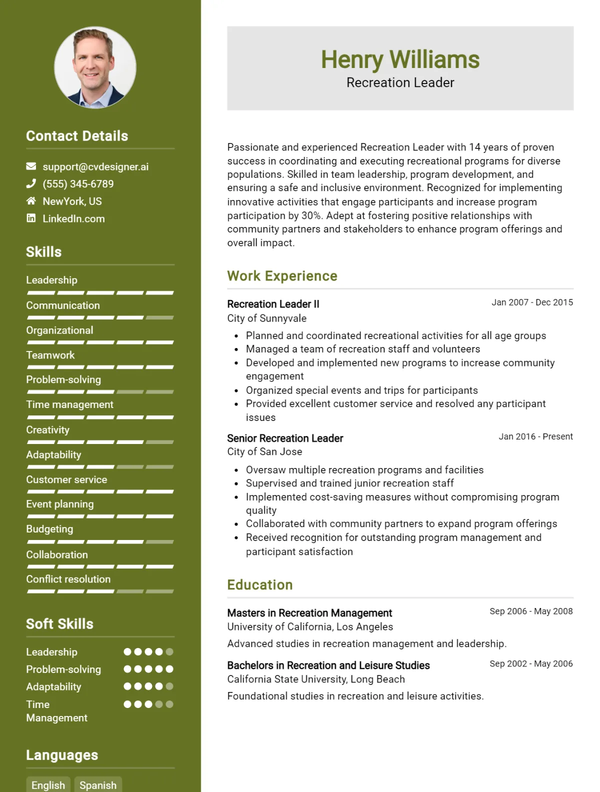 Recreation Leader CV Example