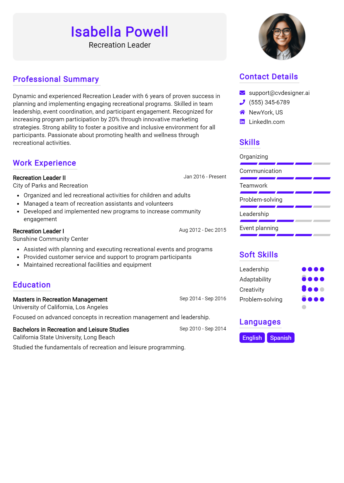 Recreation Leader Resume Example