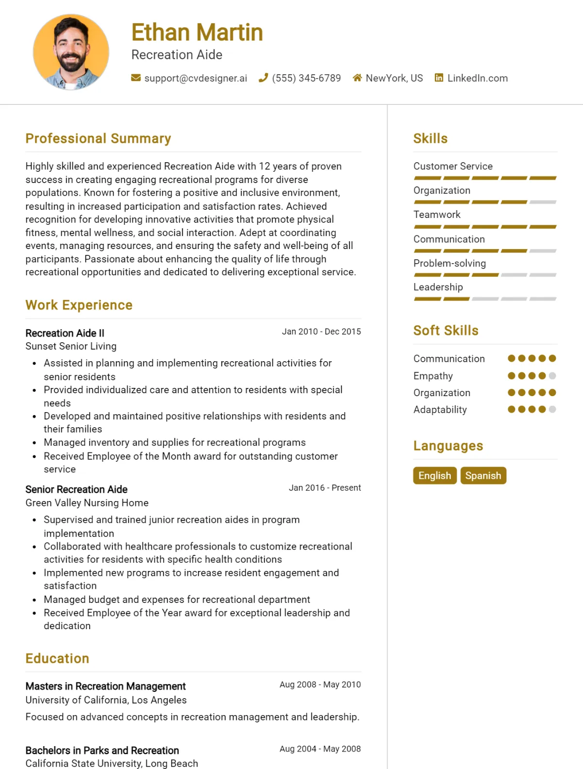 Recreation Aide CV Example