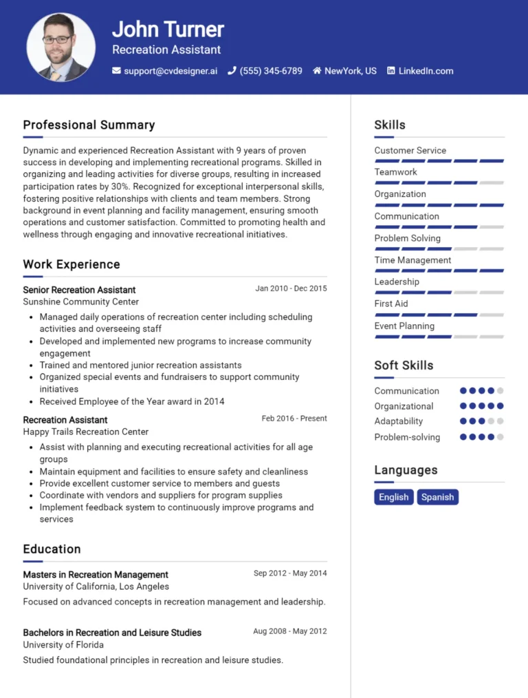 Recreation Assistant CV Example For 2025: Tips & Templates