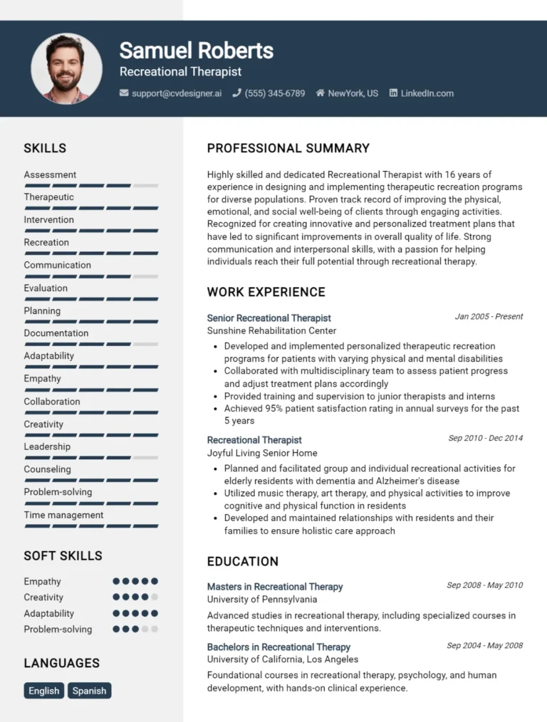Recreational Therapist CV Example For 2025: Best Tips & Templates
