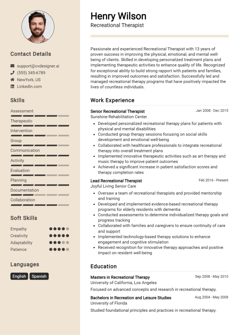Recreational Therapist Resume Example for 2025: Ultimate Guide