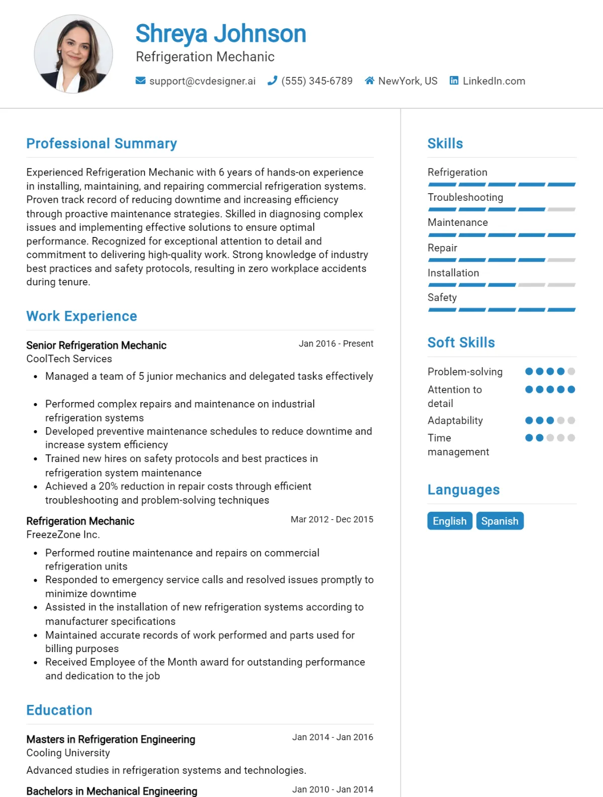 Refrigeration Mechanic CV Example