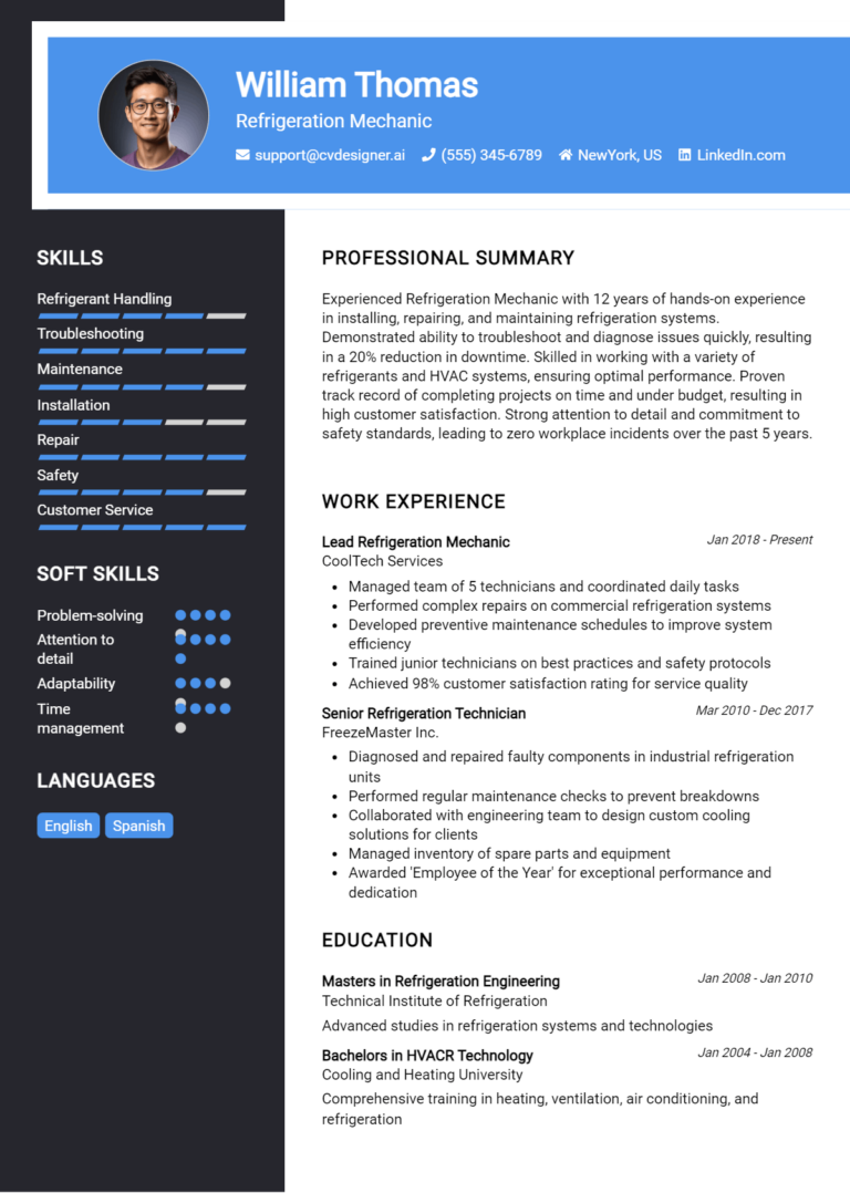 Refrigeration Mechanic Resume Example for 2025: Tips & Templates