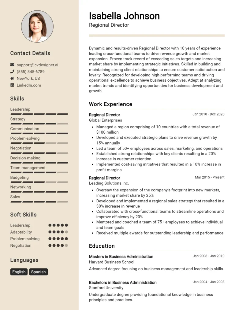 Regional Director CV Example For 2025: Free Downloadable Templates