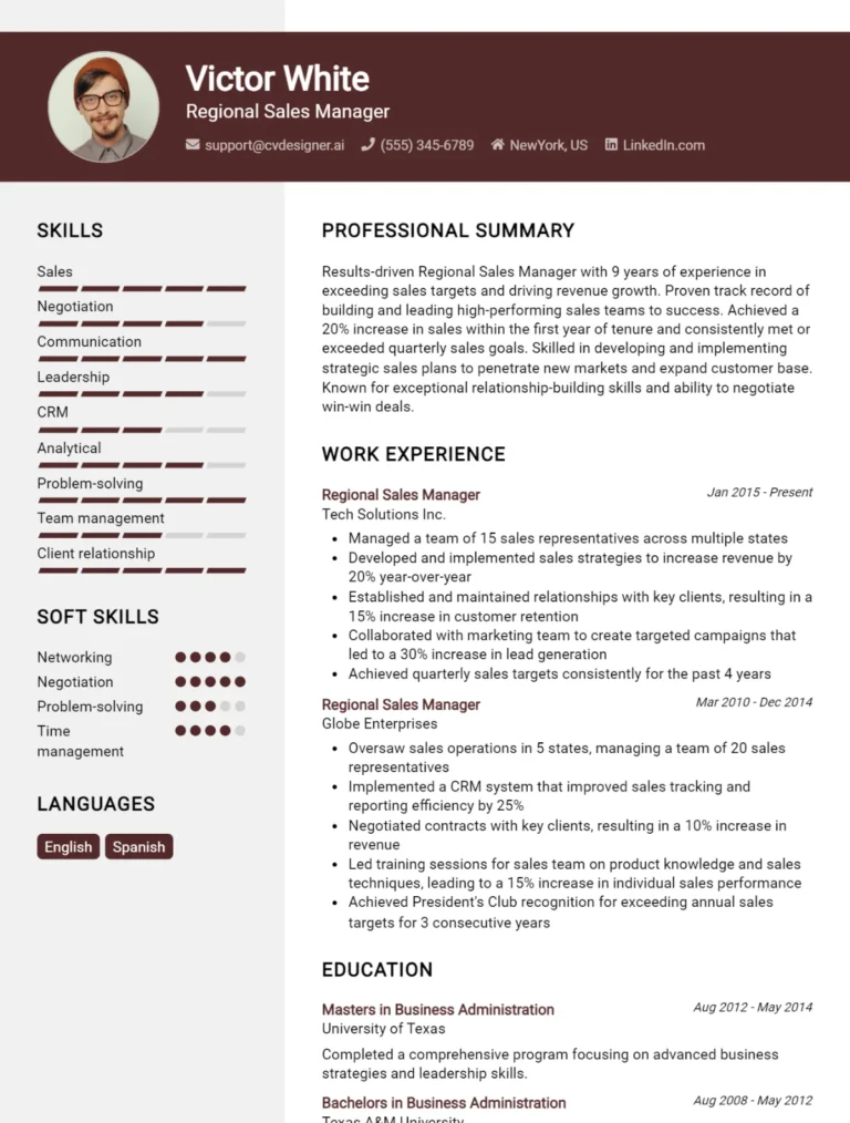 15 Regional Sales Manager CV Examples And Templates For 2025