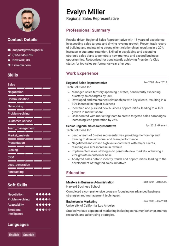 Regional Sales Representative Resume Example