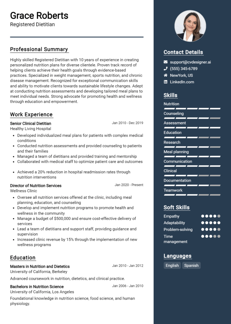 Registered Dietitian Resume Example for 2025: Top CV Skills