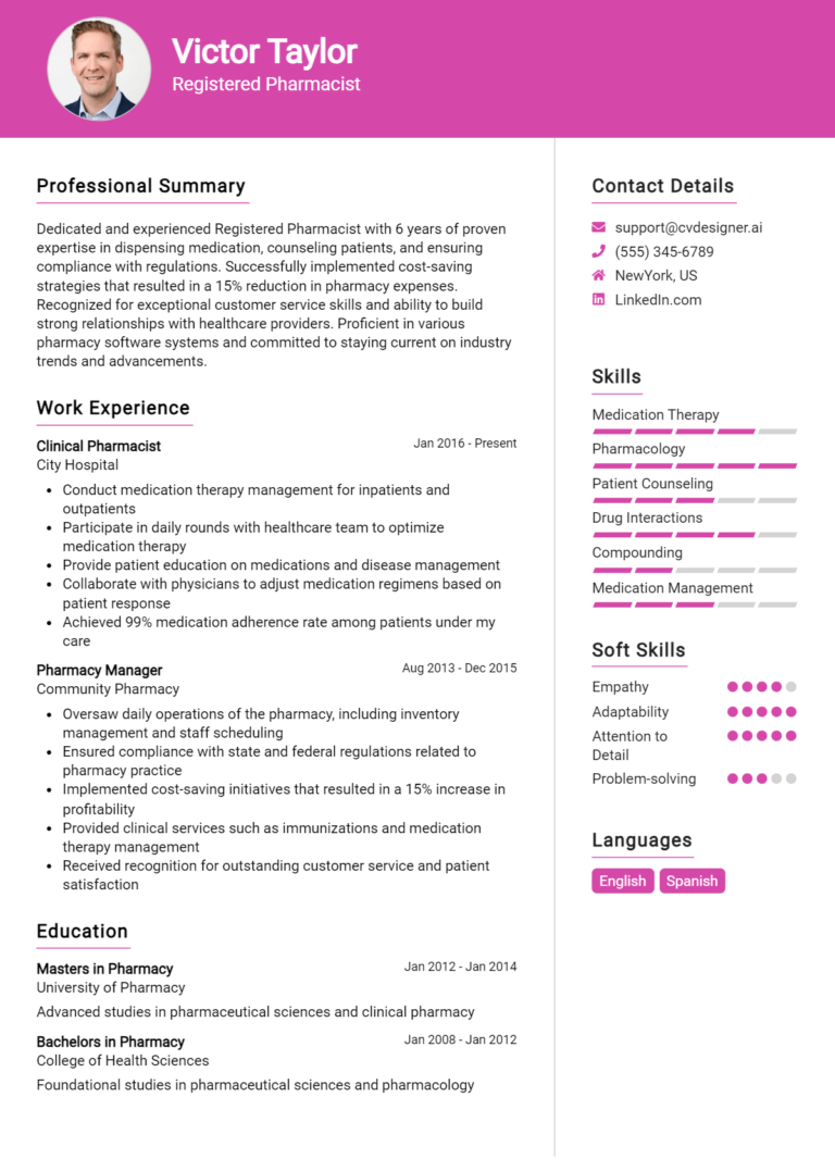 Registered Pharmacist Resume Example for 2025: Tips & Templates