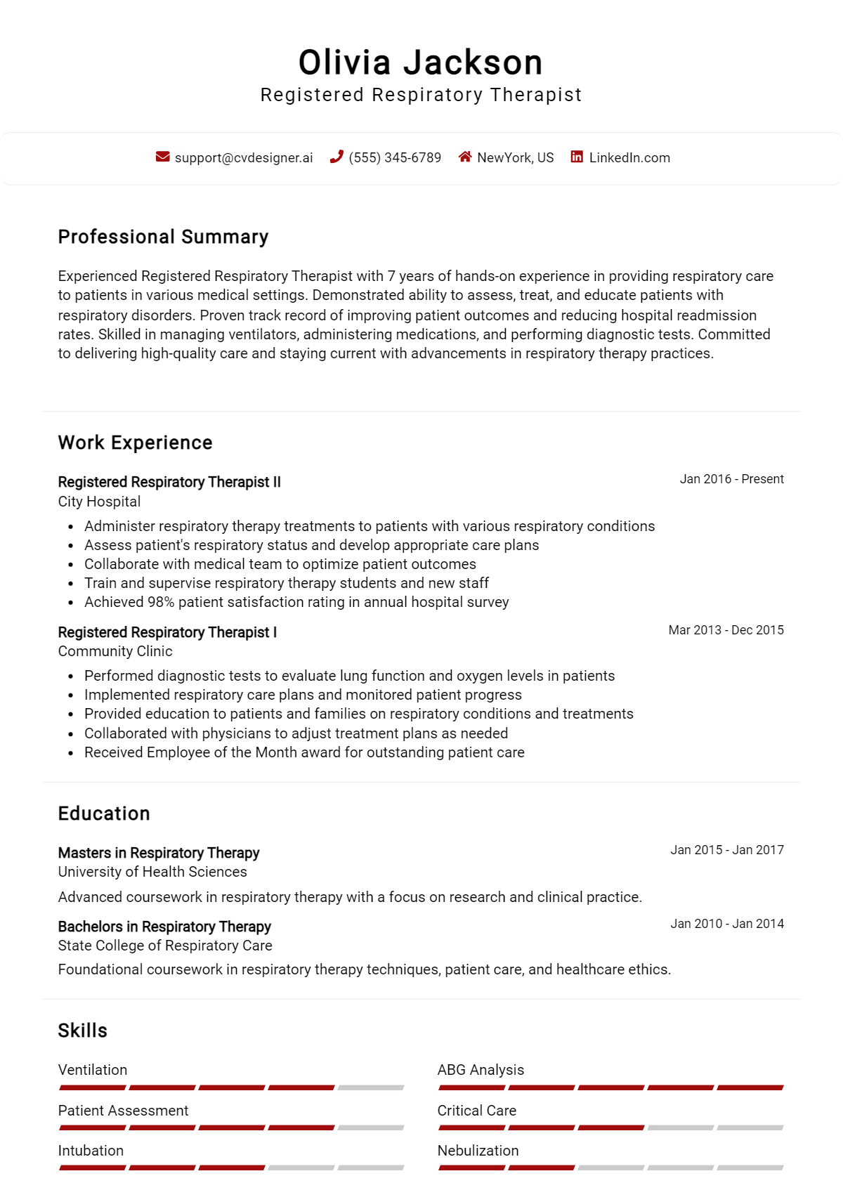 Registered Respiratory Therapist Resume Example